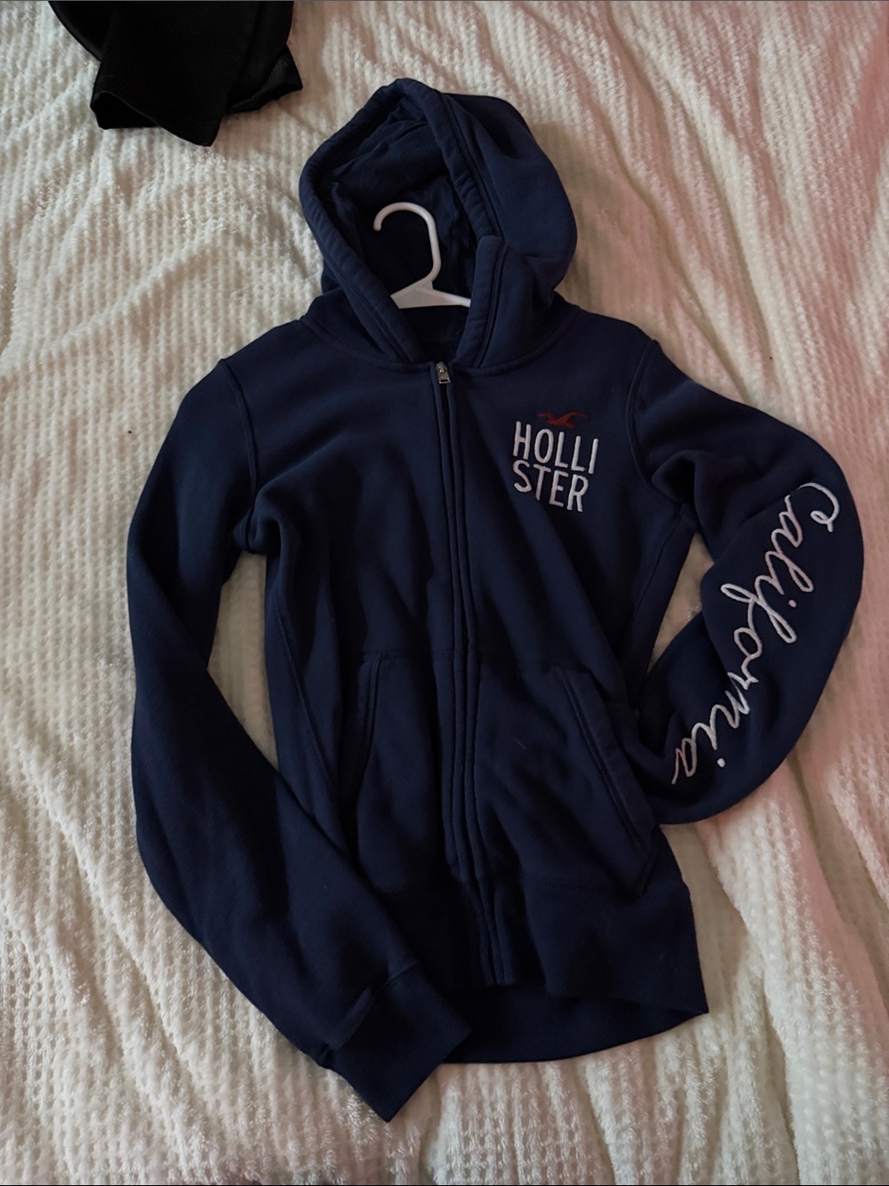 Hollister Navy Full-Zip Hooded Sweatshirt with Script Sleeve